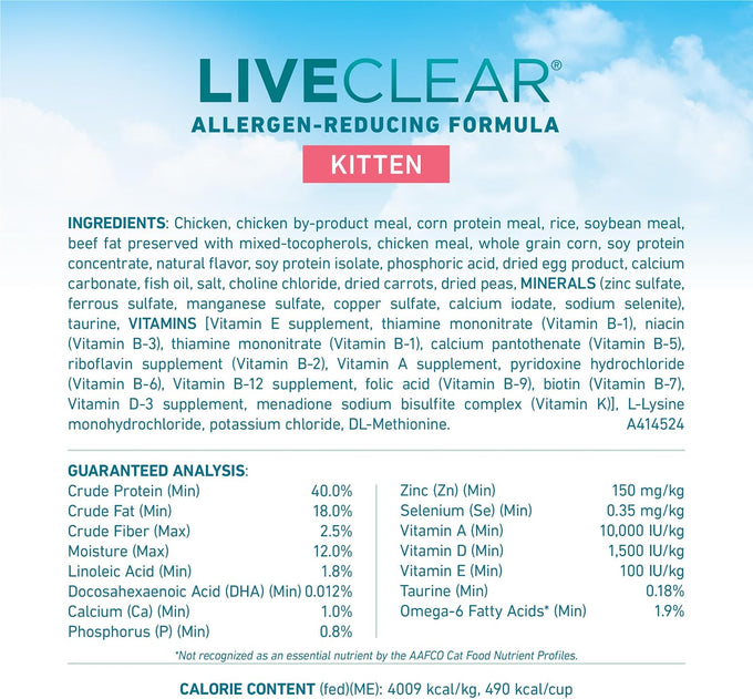 Purina ONE LiveClear Allergen-Reducing Dry Kitten Food Formula with Real Chicken As The Number One Ingredient - 5 lb. Bag