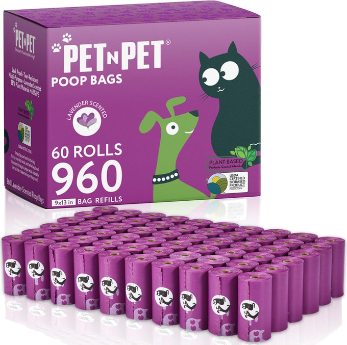 PET N PET Poop Bags, 288 Count Lavender Scented, 38% Plant Based, USDA Certified, Dog Waste Bags with Leash Dispenser