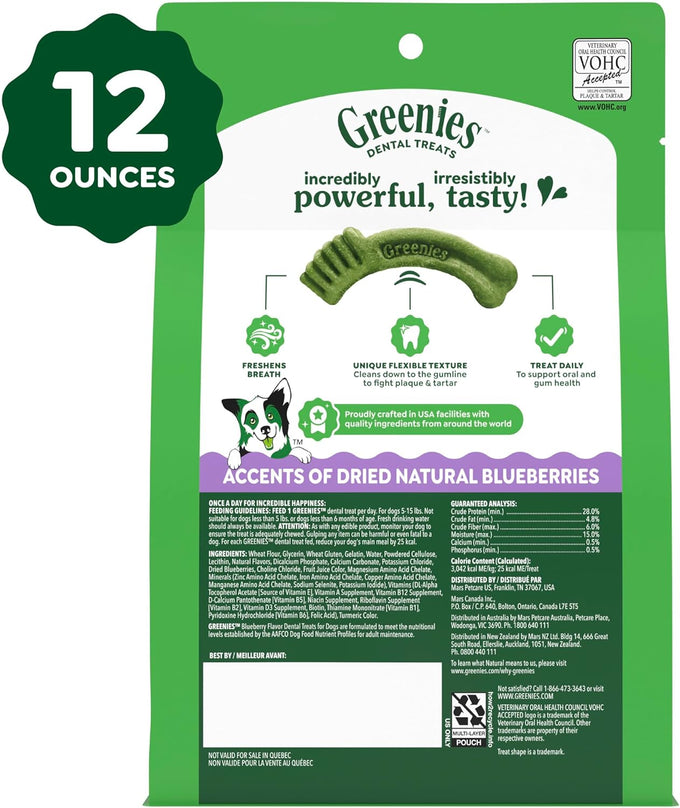 Greenies Veterinarian-Recommended Natural Dog Dental Treats, Teenie Size, Blueberry Flavor, 12 oz. Packs, 43 Count