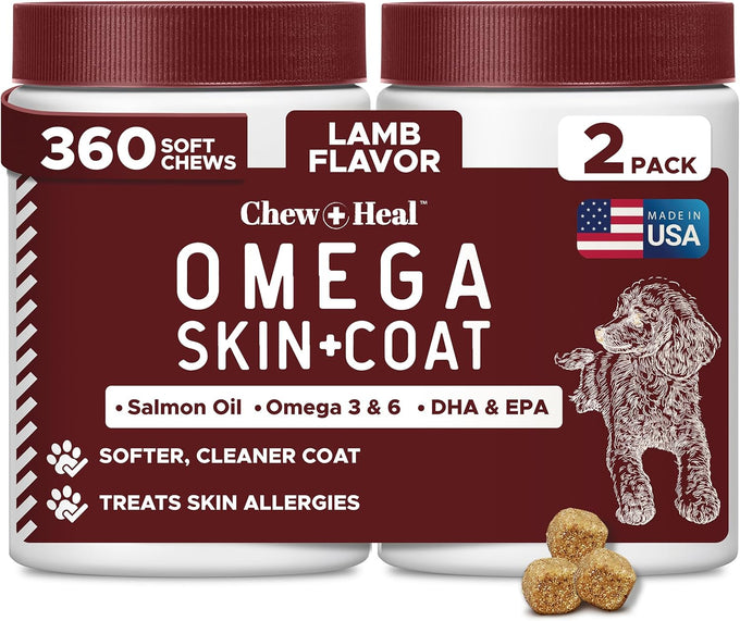 Salmon Oil Omega 3 Fish Oil for Dogs - 180 Soft Chews for Itch Relief, Shedding, Hot Spots, Skin & Coat