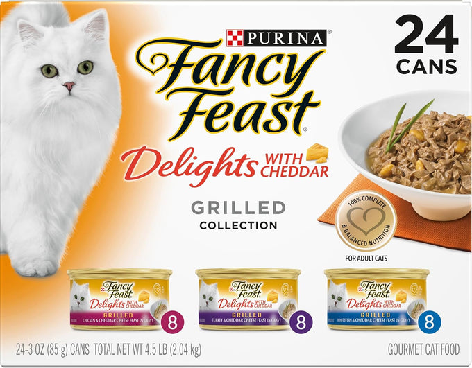 purina fancy feast cheddar grilled chicken, turkey, or whitefish and cheddar cheese gravy wet cat food 24-pack