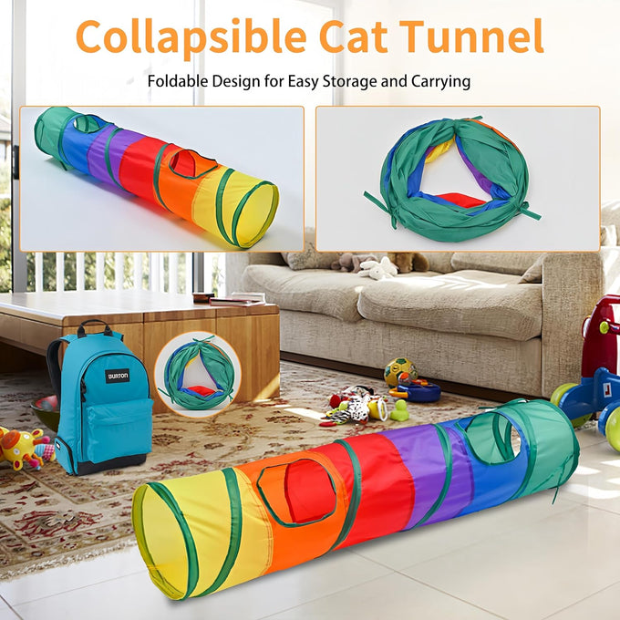 iCAGY interactive cat toy bundle for indoor cats, 25 pcs, 45 inches rainbow tunnel, colorful springs, feathers, balls, and mice