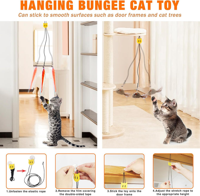 JXFUKAL interactive cat toy 3 in 1 with stable wooden base 2 PCS detachable cat teaser 5PCS refills & elastic string for kitty kitten toys