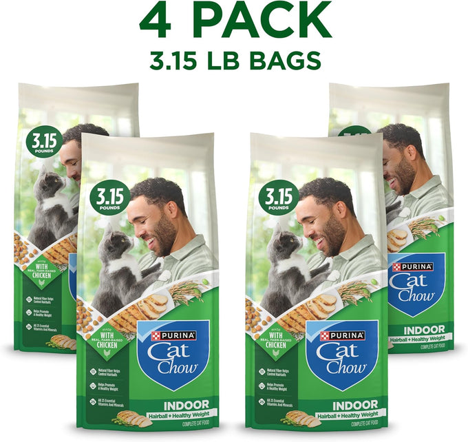 Purina Cat Chow Indoor Healthy Weight with Chicken, Farm-Raised Chicken, Omega-6 Fatty Acids, 3.15 lb. Bags, Pack of 4