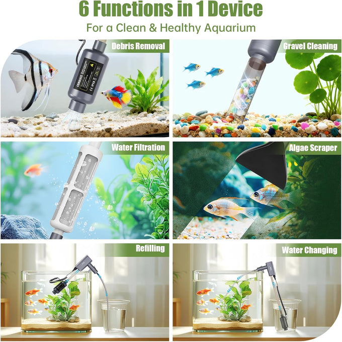 Cordless 6-in-1 Electric Fish Tank Cleaner, 36W Rechargeable, 650GPH Strong Suction for 5-150 Gallon Tanks