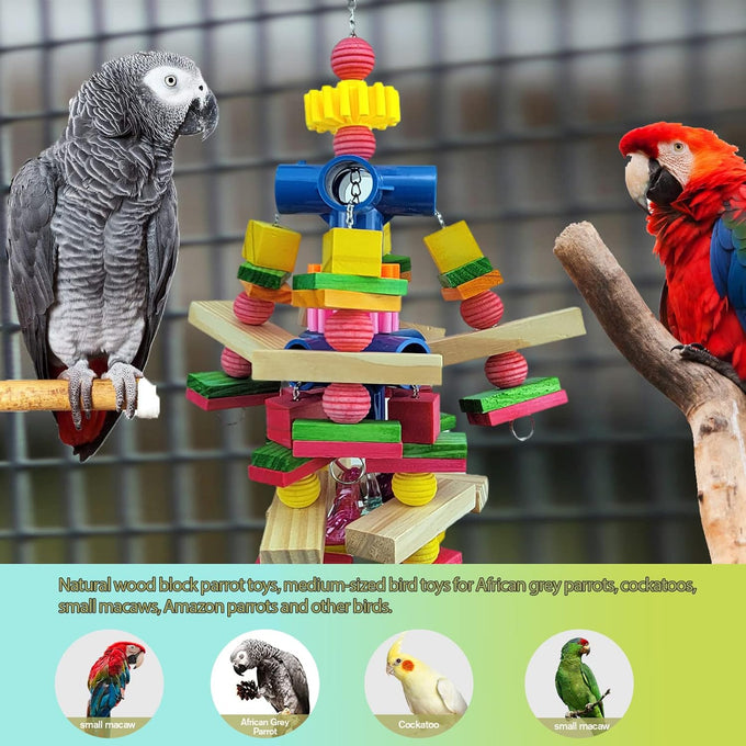Parrot toys for African grey parrots, cockatoos, small macaws, 100% natural wooden chew toys and bird cage accessories