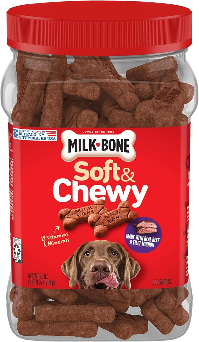 Milk-Bone Soft & Chewy Dog Treats, Made with Real Beef & Filet Mignon, 25 Ounce Canister for Dogs of All Ages