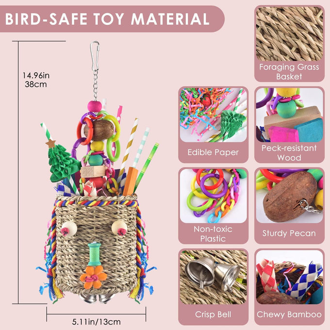 Katumo seagrass foraging bird toys for parakeets, cockatiels, conures, parrots with natural materials and hook attachment