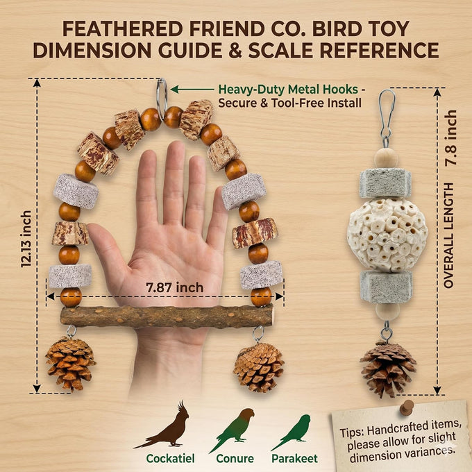 2 Pack Natural Bird Toys Set Arch Wood Swing Sola Ball, Cage Accessories for Cockatiel Conure Parakeets