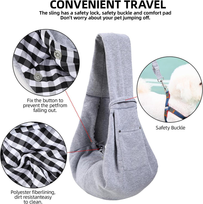 Gray Reversible Dog Carrier Sling with Storage Pocket for Small Dogs and Cats, 21 x 12 inches, 12 pounds