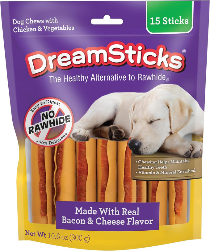 DreamBone DreamSticks with Real Bacon and Cheese Flavor Chews, 15 Rawhide-Free Dog Sticks for Healthy Teeth