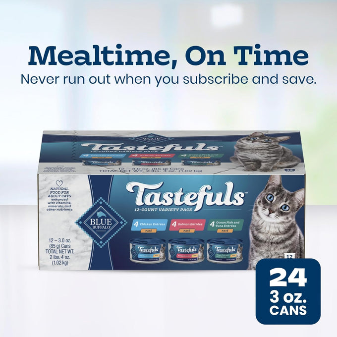 Blue Buffalo Tastefuls Wet Cat Food Paté Variety Pack (Chicken, Turkey & Chicken, Ocean Fish & Tuna) for Adult Cats, Made with Natural Ingredients, 5.5-oz. Each (24 Cans)