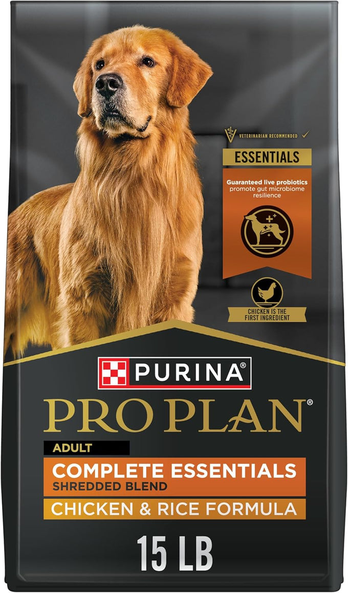 Purina Pro Plan Complete Essentials Shredded Blend Chicken and Rice dog food dry formula with probiotics for adult dogs 15 lb