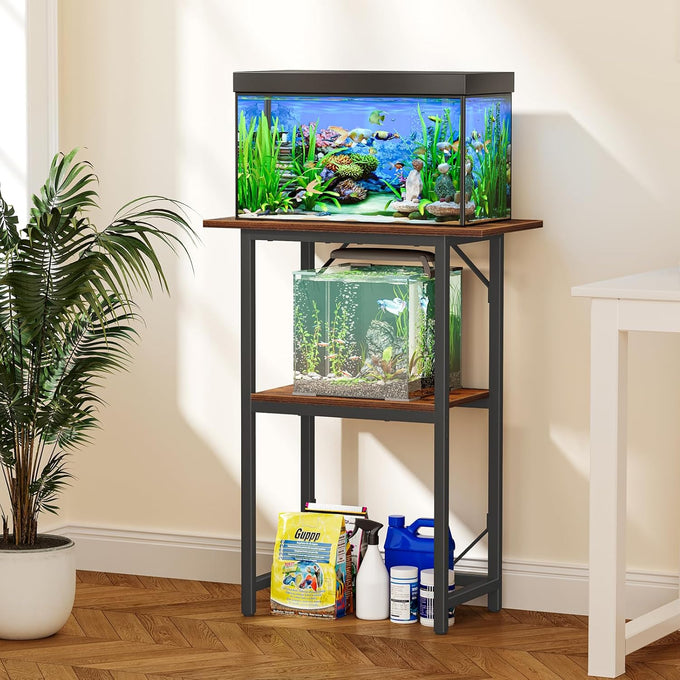 Snughome 2-tier rustic brown aquarium stand, heavy duty storage shelves for 20-gallon fish tank
