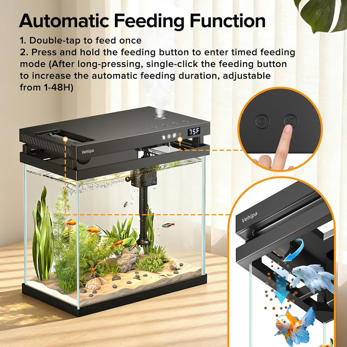 vehipa 2.2 gallon smart aquarium with humidifier, auto feeder, silent pump, temperature display & 7-color lighting, black