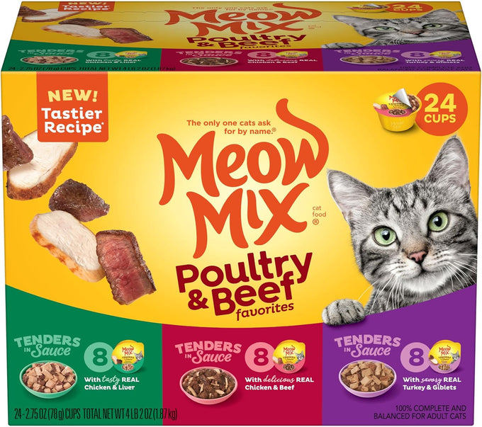 Meow Mix Tender Favorites Poultry & Beef Variety Pack, 2.75 oz Cup, 24 Pack Wet Cat Food
