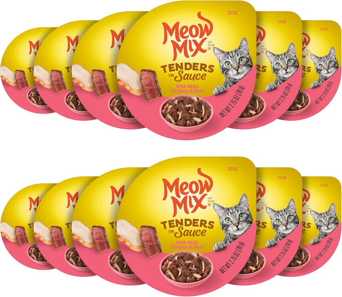 Meow Mix Tenders in Sauce tuna & shrimp 2.75 oz wet cat food, 12-pack cups with peel-off lids