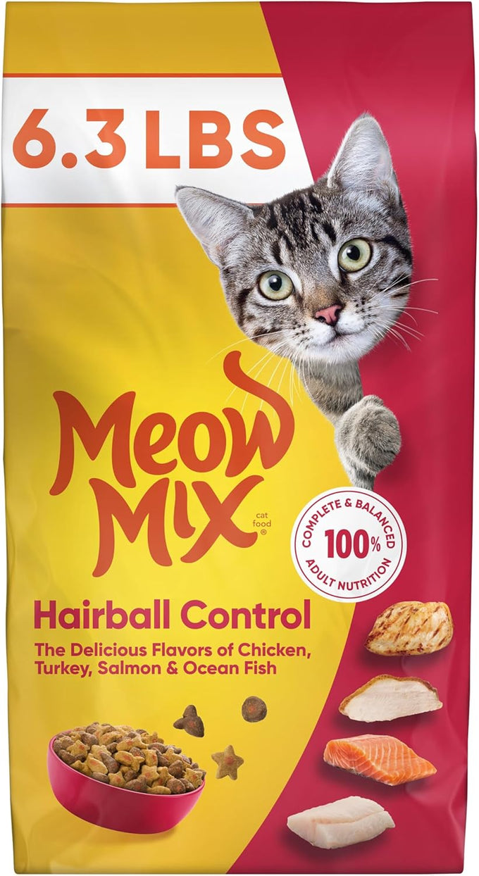 Meow Mix Adult Cat Hairball Control Dry Food, 6.3 lb Bag, Chicken, Turkey, Salmon, Ocean Fish