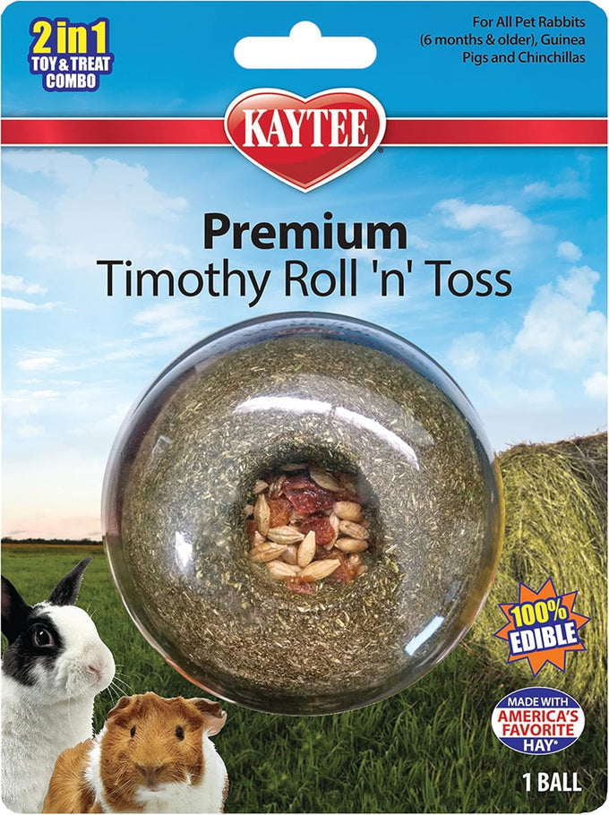 Kaytee timothy hay roll 'n' toss toy for pet rabbits, guinea pigs, and chinchillas, 100% edible