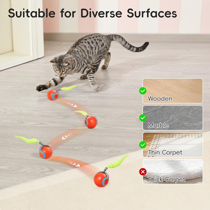 Potaroma moving ball cat toy with feather tail, rechargeable, 2-speed, 2-modes, orange, for indoor cats exercise