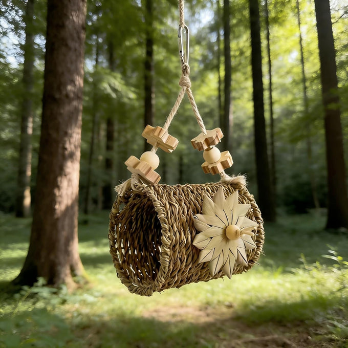parrot woven grass nest swing set with tunnel, wooden chew toys, bird cage hanging play accessories for parakeet cockatiel