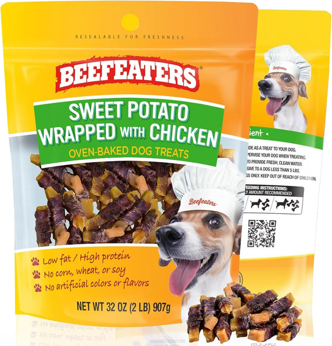 Beefeaters sweet potato chews 28 oz resealable bag rawhide-free jerky chews grain-free dog treats no corn wheat gluten