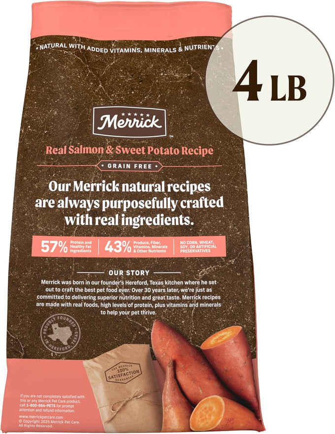 Merrick Premium Grain Free Dry Adult Dog Food, Wholesome And Natural Kibble With Real Salmon And Sweet Potato - 4.0 lb. Bag