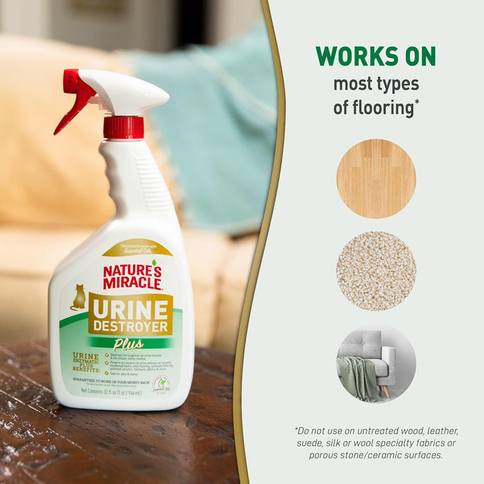 Nature's Miracle Urine Destroyer Plus for Cats, Enzymatic Formula, Ready-to-Use, 32 oz Stain and Odor Eliminator for Pet Owners