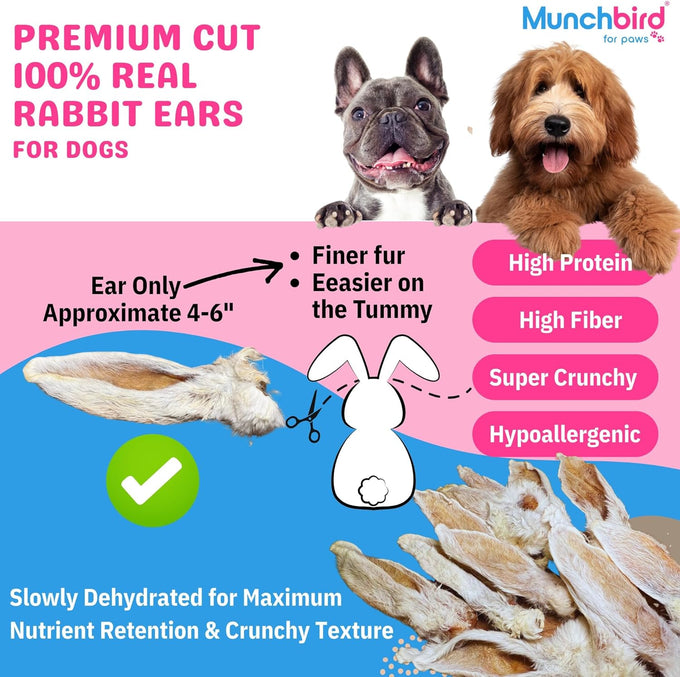 Munchbird Dehydrated Rabbit Ears 100g for Dogs, Natural Fiber, Rawhide Free, European Rabbit Association, France