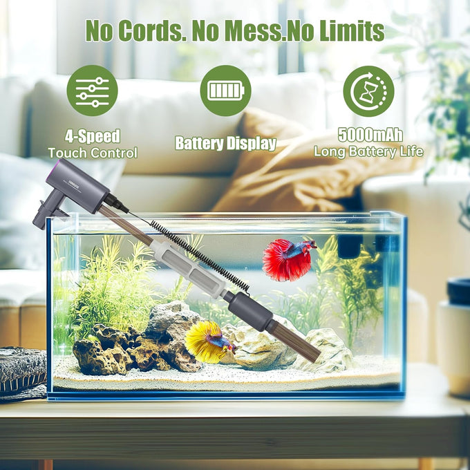 Cordless 6-in-1 Electric Fish Tank Cleaner, 36W Rechargeable, 650GPH Strong Suction for 5-150 Gallon Tanks
