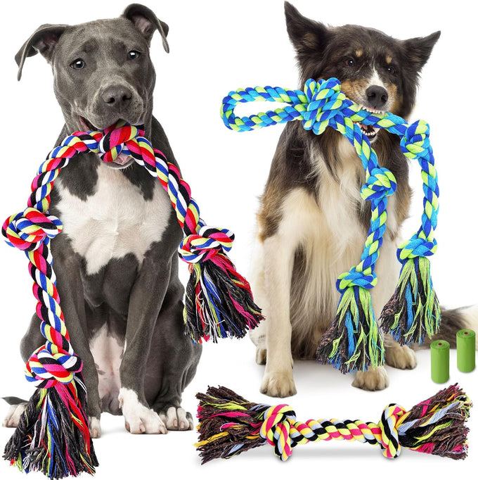 Forfon Tough & Strong rope toys for large aggressive chewers with 3 rope toys & 2 dog bags