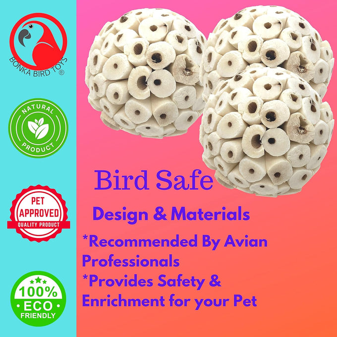 Bonka Bird Toys 1214 Pk3 all-natural sola atta balls 3-pack 2" diameter chew toys for parrots parakeets cockatiels safe and small pets
