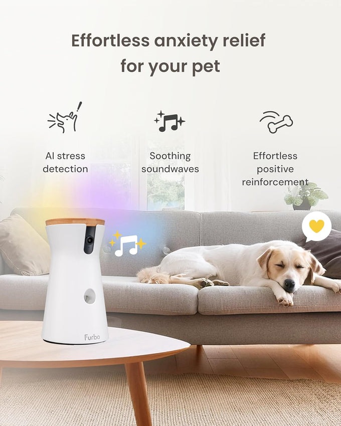 Furbo 360° Dog Camera home security with 2-way speaker, rotating treat toss, and subscription required for full features