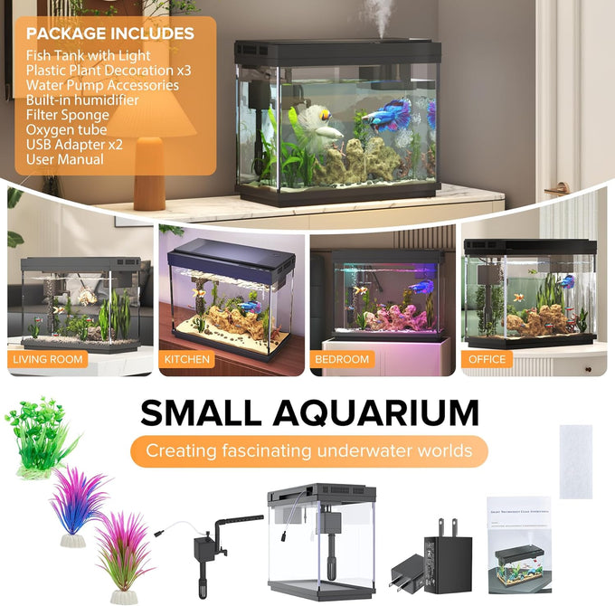 Vehipa 2.4 Gallon Fish Aquarium Starter Kit with Smart Humidifier and Temperature Display