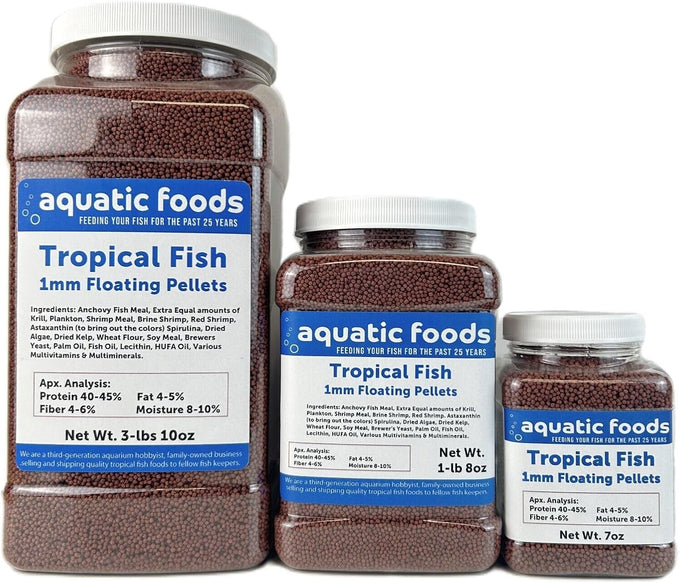 Tropical Fish 1mm-1/32" 40% protein floating pellets for discus, cichlids, betta, guppies, tetras, live bearers, baby koi and smaller tropical fish