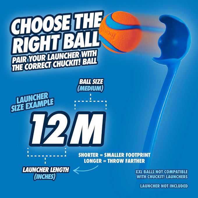 Chuckit! 12M Sport dog ball launcher for medium 2.5" balls, 20-60 lb dogs, 12" handle, made in USA, blue