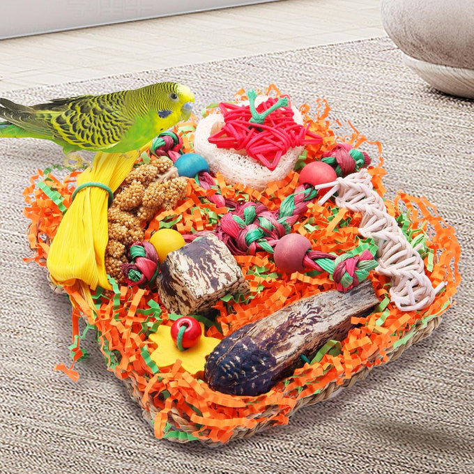 Bird toys for small & medium parrots - natural foraging & shredding cage hanging toys with seagrass mat, starfruit, loofah slices, 1 pc