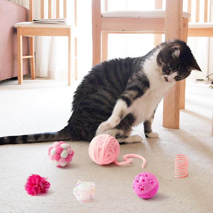 mallmall6 10pcs cat toy set interactive cat toys pack feather teaser wand cat springs mice crinkle balls pink