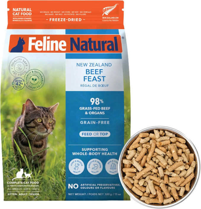 New Zealand made feline dry cat food with 98% high protein meat, organs, & seafood, grain-free, no artificial additives, beef, 11oz