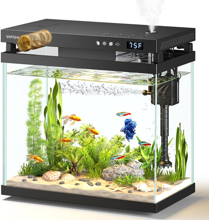 vehipa 2.2 gallon smart aquarium with humidifier, auto feeder, silent pump, temperature display & 7-color lighting, black