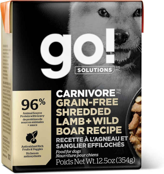 Go! Solutions Carnivore Grain-Free Shredded Lamb + Wild Boar Wet Dog Food