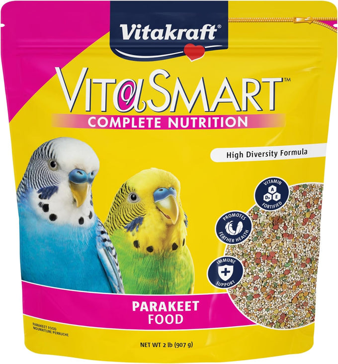 Vitakraft VitaSmart 2 lb parakeet food with seeds, grains, fruits, and omega fatty acids