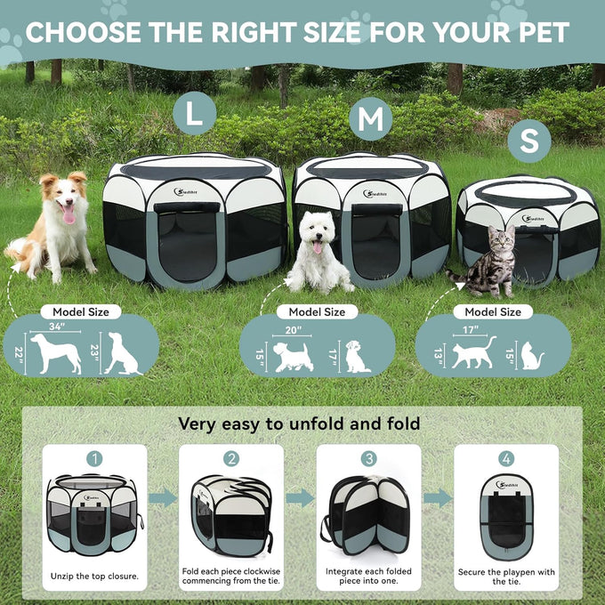 Siedihit grey small dog cat playpen, portable pop up enclosure kennel with carrying case for dogs cats rabbits