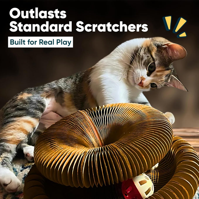 Kitty Kurlz 3-in-1 Cat Toy & Scratcher, Collapsible Ball Track with Bell, Reversible Cardboard Lounge for Indoor Cats