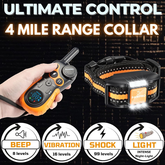 pawpro dog shock collar with remote, 4-mile range, night-light mode, 124 training levels, beeps, vibrations, waterproof rechargeable