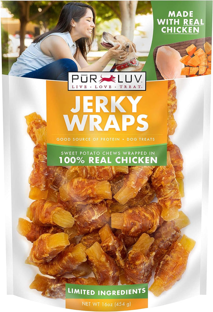Pur Luv rawhide-free chicken jerky wrapped sweet potato dog treats, 16 oz, high protein, healthy, easily digestible