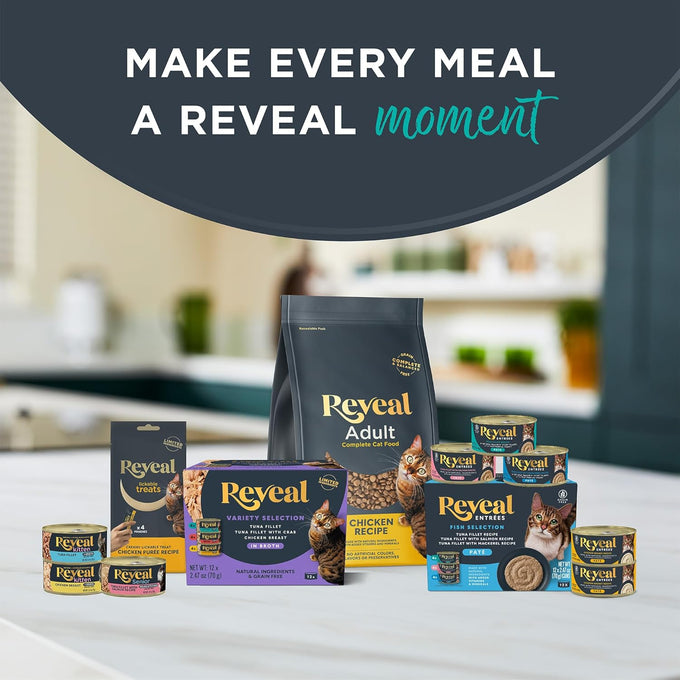 Reveal Natural Wet Canned Cat Food, 3-Flavor Variety Pack, Limited Ingredient, Grain-Free, High Protein with No Artificial Additives, Fish Variety in Broth (12 x 2.47 oz Cans)