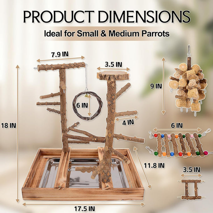 Natural real wood bird perch stand for small to medium birds, multi-layer parrot playground gym with feeding cups and toys