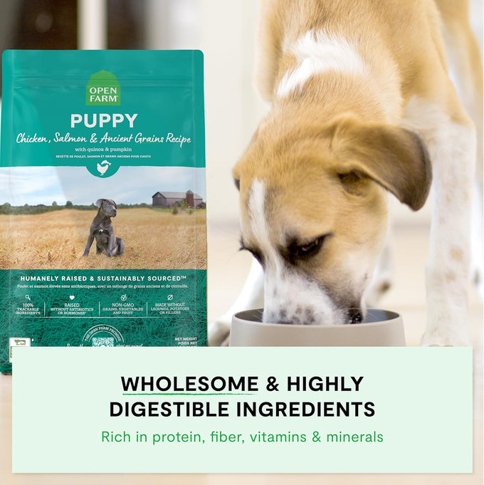Open Farm, 90% Animal Protein Puppy Dog Food with Ancient Grains and Non-GMO Fruits & Veggies, Chicken & Salmon Recipe, 4lb Bag