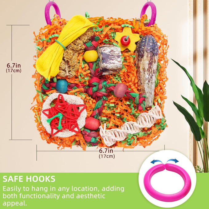 Bird toys for small & medium parrots - natural foraging & shredding cage hanging toys with seagrass mat, starfruit, loofah slices, 1 pc
